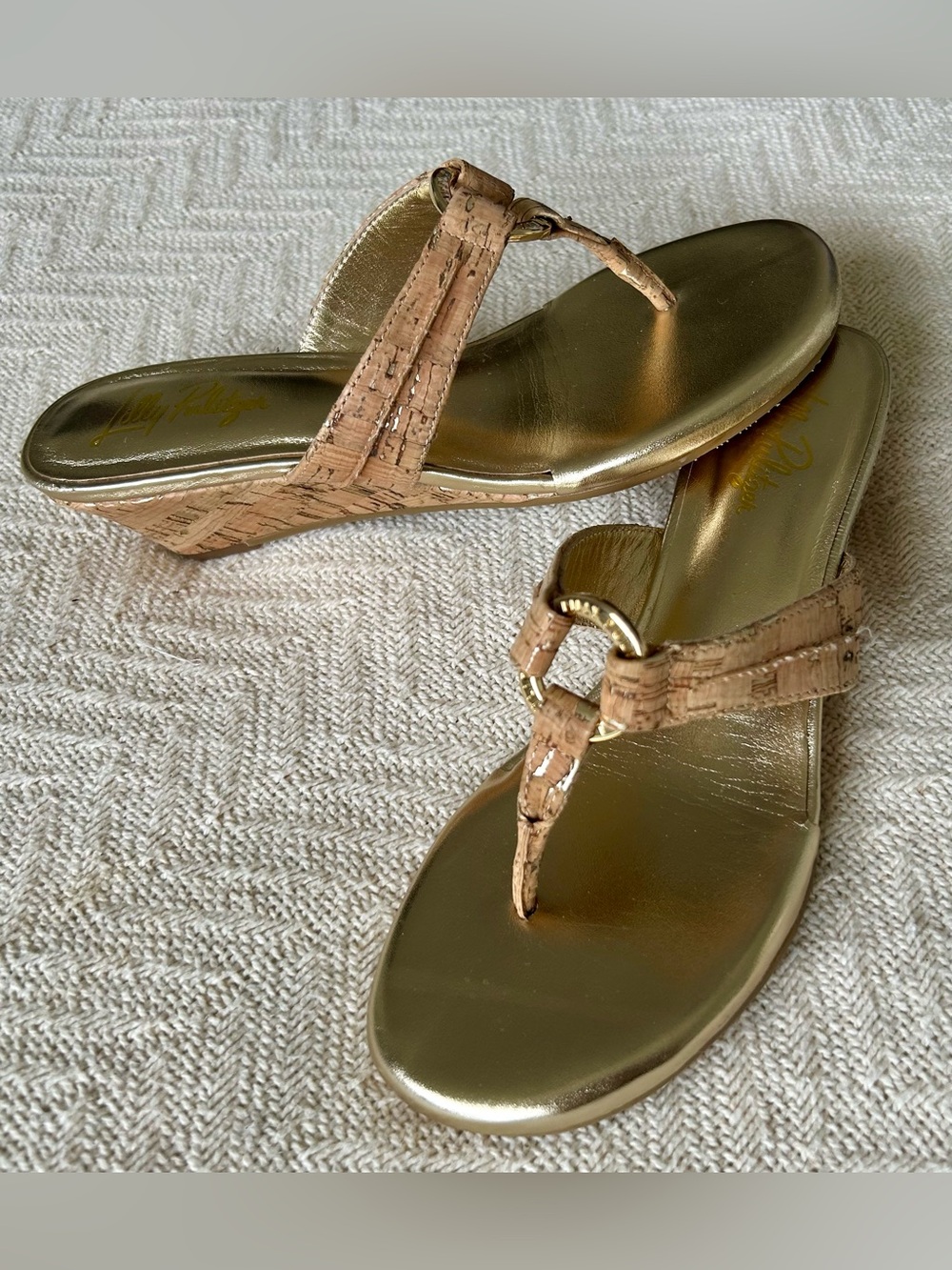 Lilly Pulitzer McKim Wedge sandals gold metallic flecked cork straps SIZE 6 M